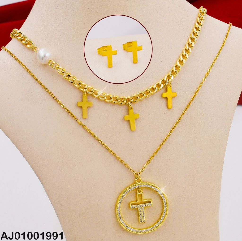 JUEGO DOBLE CADENA CRUCES, DIJE CRUZ EN UN CÍRCULO