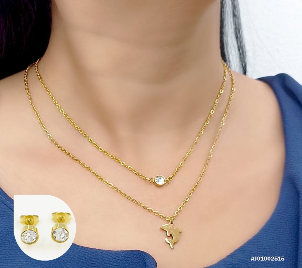 JUEGO DOBLE CADENA DELFÍN ARETES ZIRCONIAS,DIJE 🐬 ZIRCONIAS
