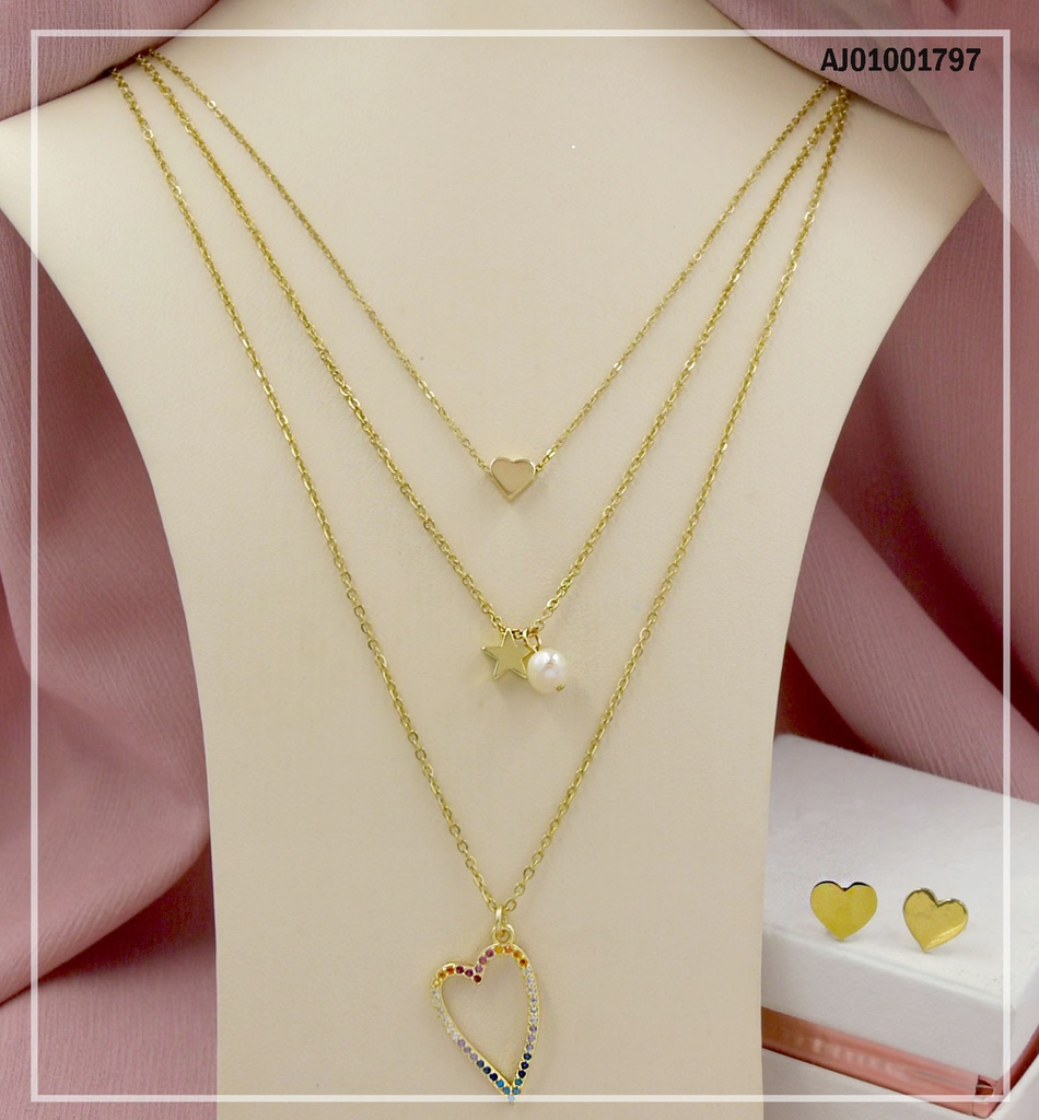 JUEGO DOBLE CADENA DIJE CORAZÓN ALARGADO ZIRCONIAS COLORES