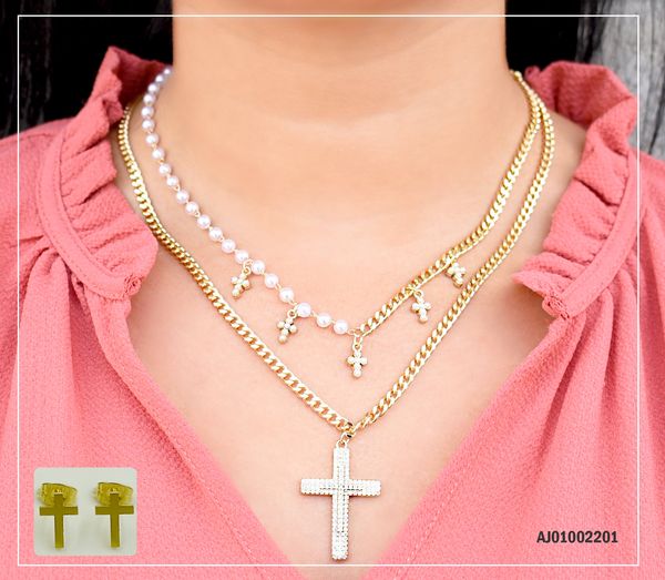 JUEGO DOBLE CADENA DIJES CRUCES PLACAS/PERLITAS/CRUZ GRANDE ZIRCONIAS