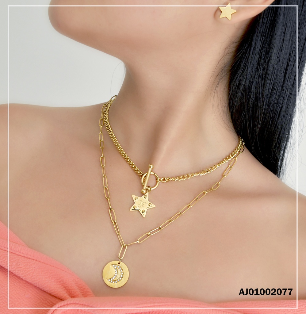 JUEGO DOBLE CADENA DIJES ESTRELLA Y LUNA ZIRCONIAS PLACA REDONDA