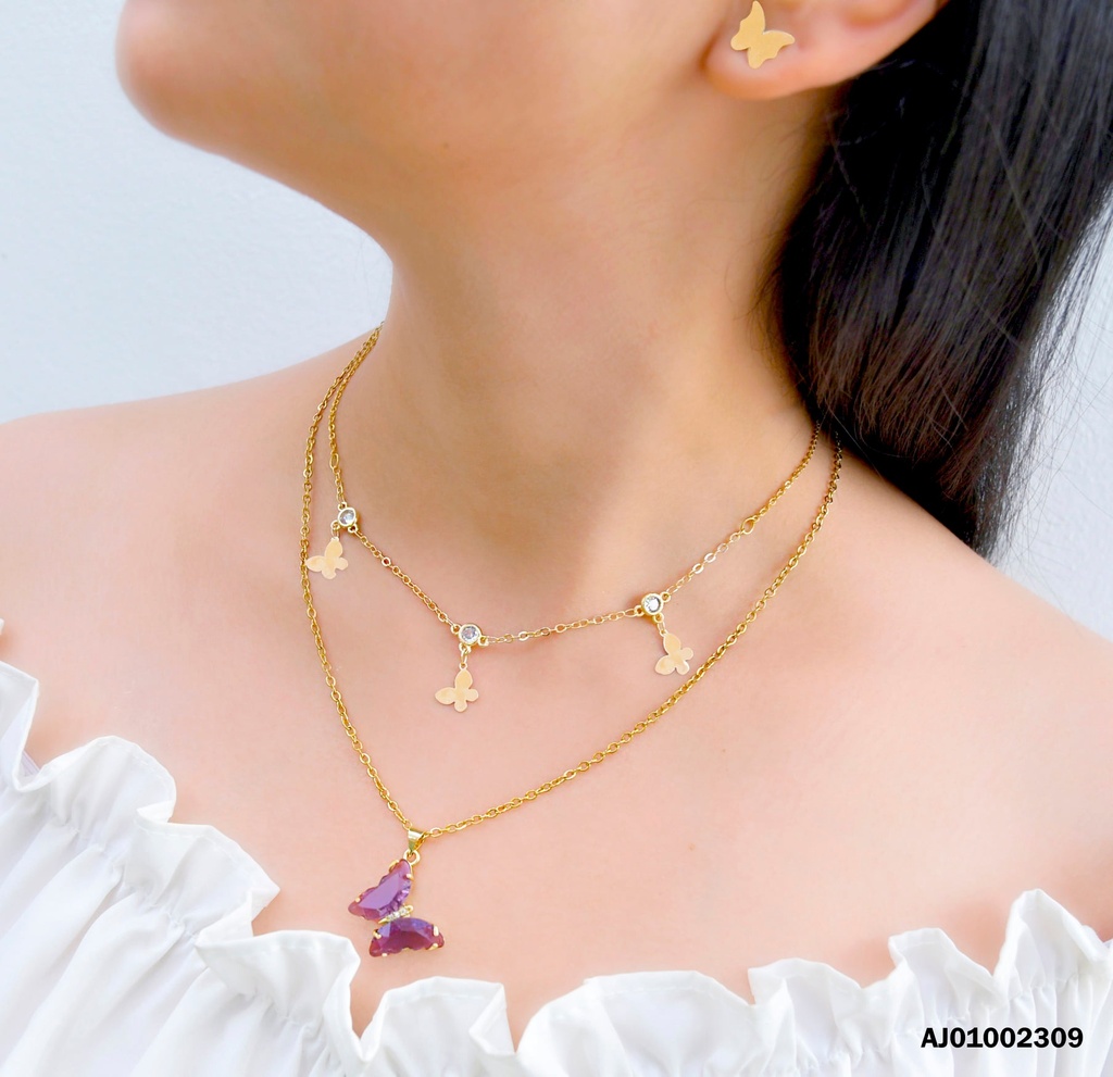 JUEGO DOBLE CADENA PLACAS MARIPOSA DIJE 🦋 MORADA