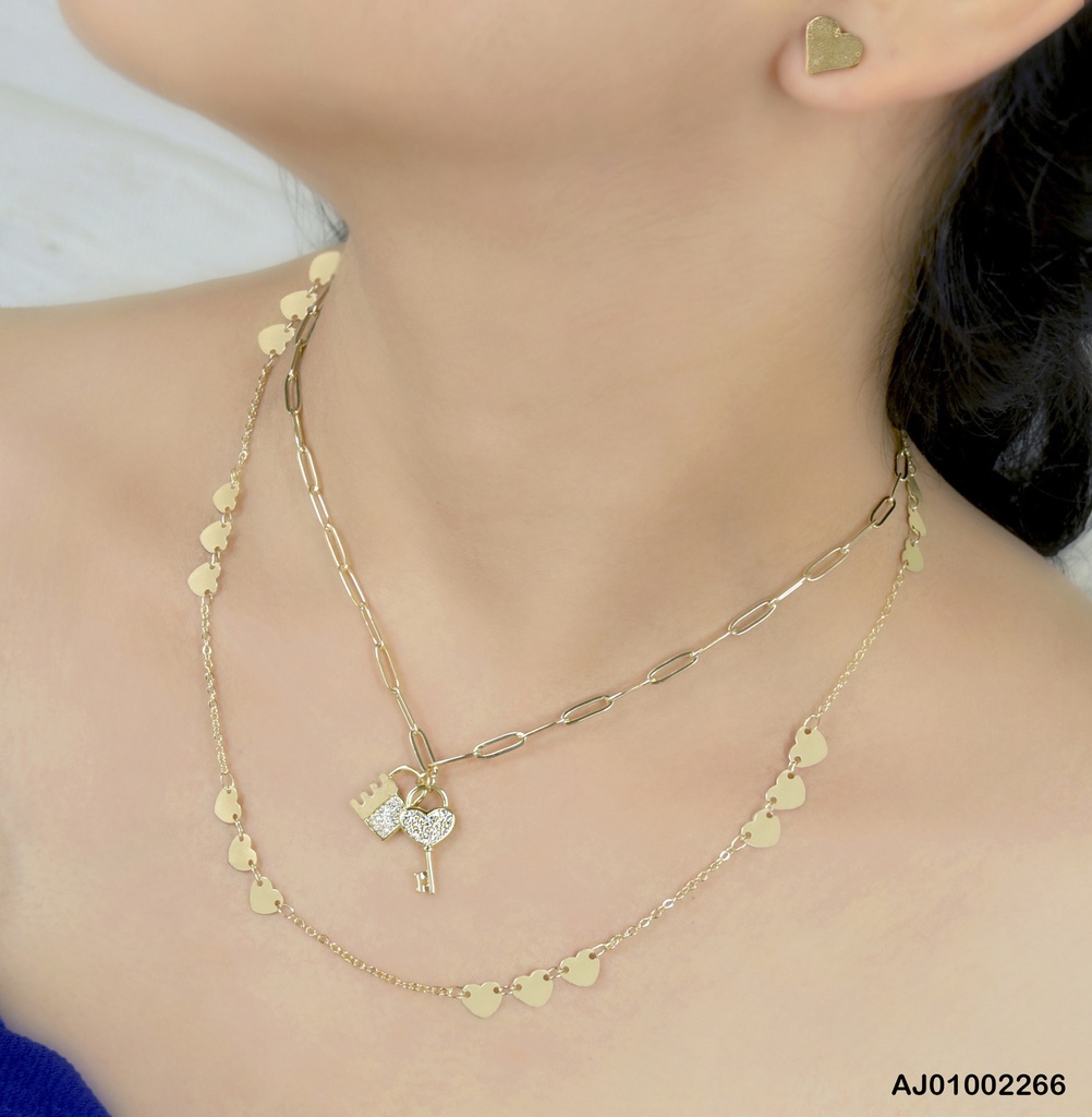 JUEGO DOBLE CADENA PLACAS ♥/ESLABONES GRANDES DIJE LLAVE CANDADO