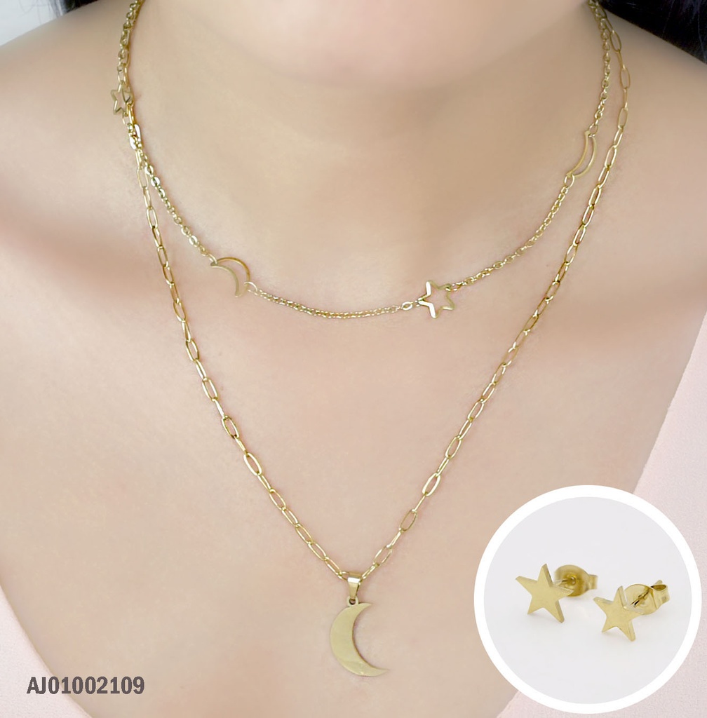 JUEGO DOBLE CADENA, DIJES LUNAS, ARETES ESTRELLA
