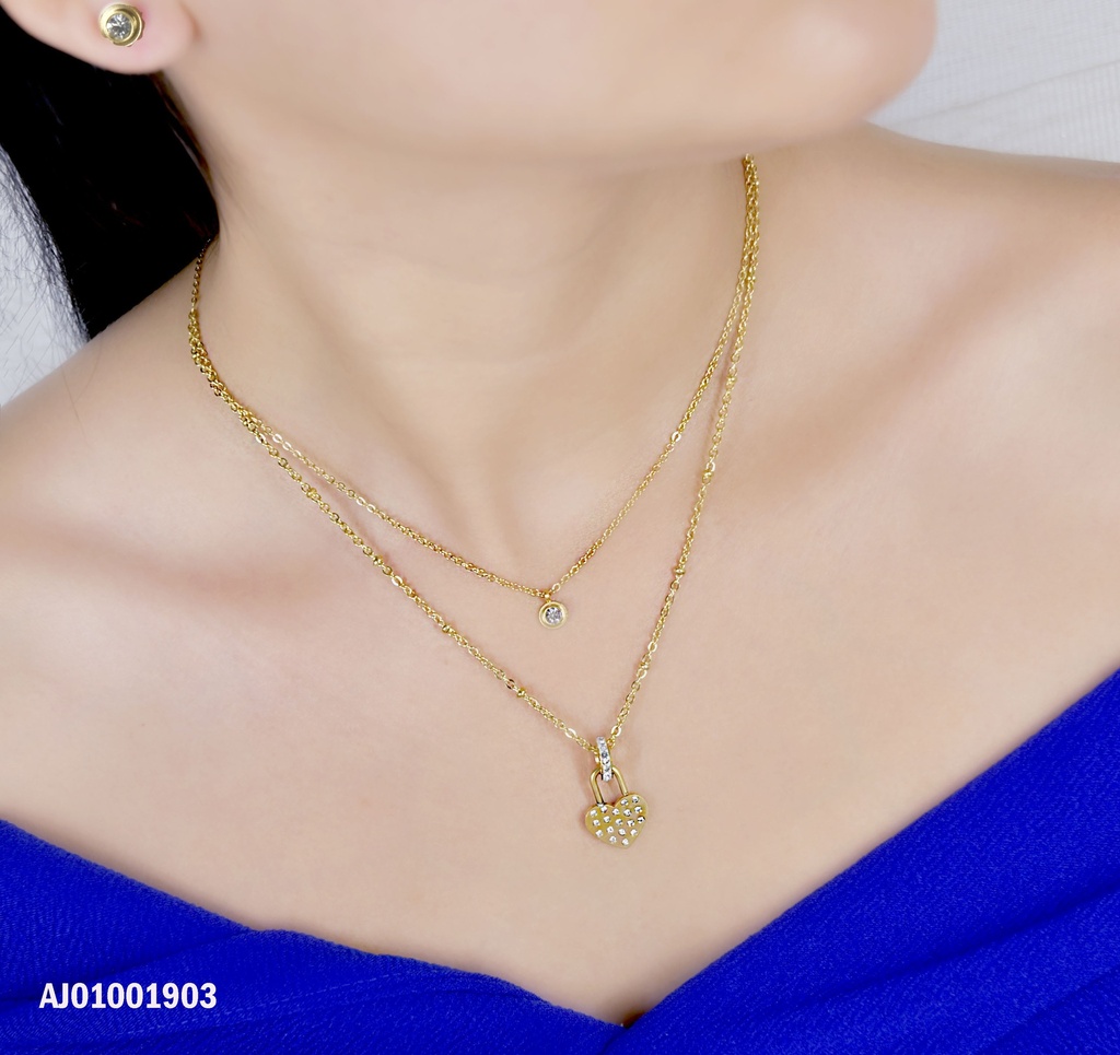 JUEGO DOBLE CADENA,DIJE CANDADO CORAZÓN CON ZIRCONIAS