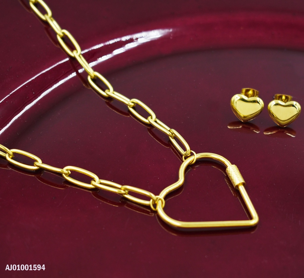 JUEGO DORADO ARETES CORAZÓN INFLADO,DIJE CROQUI CORAZÓN GRANDE