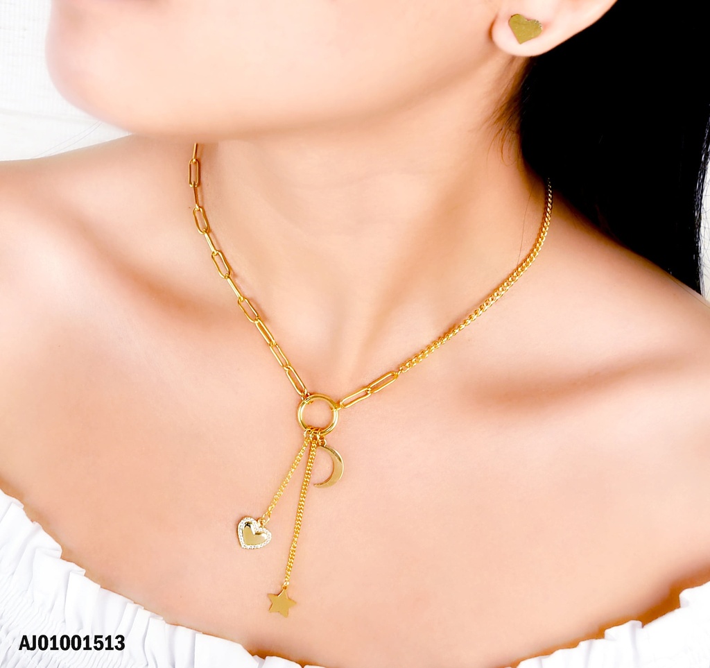 JUEGO DORADO ARETES CORAZÓN, DIJE DE CORAZÓN,ESTRELLA Y LUNA