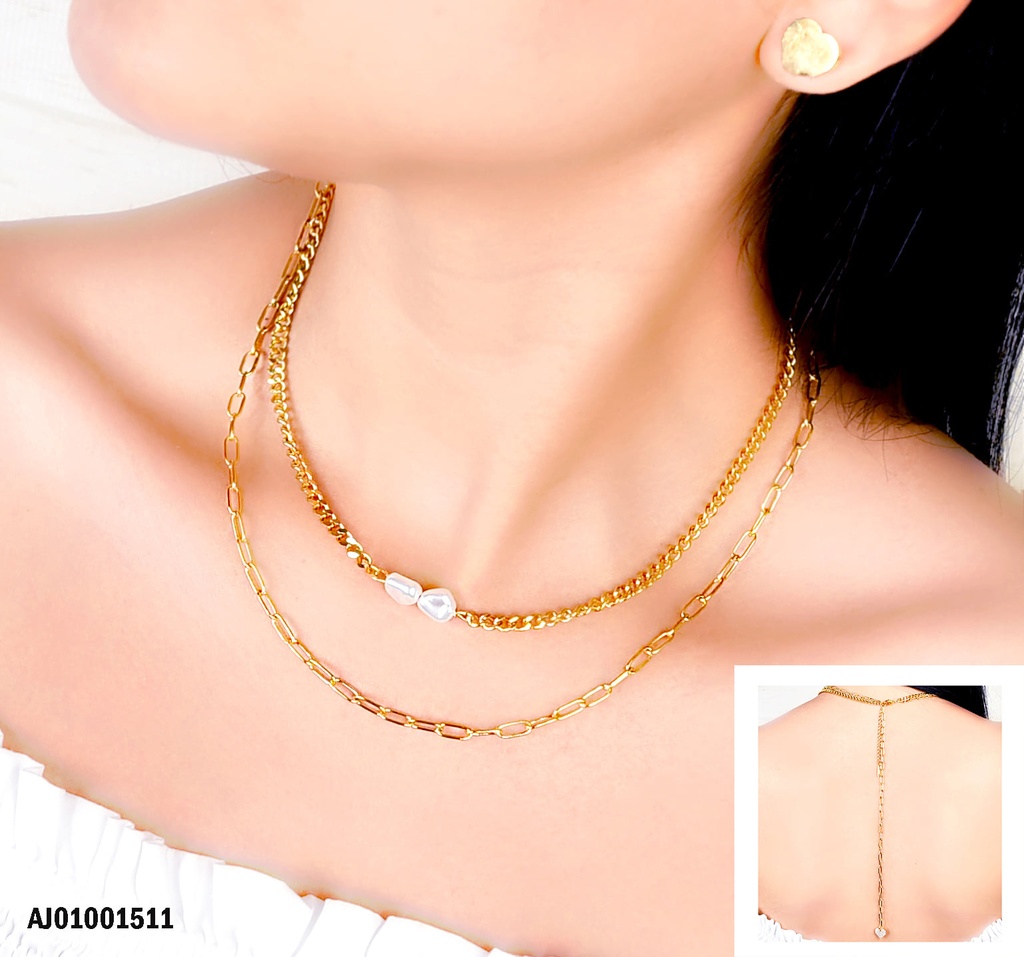 JUEGO DORADO ARETES CORAZÓN, DOBLE CADENA Y DIJE CORAZÓN ZIRCONIAS