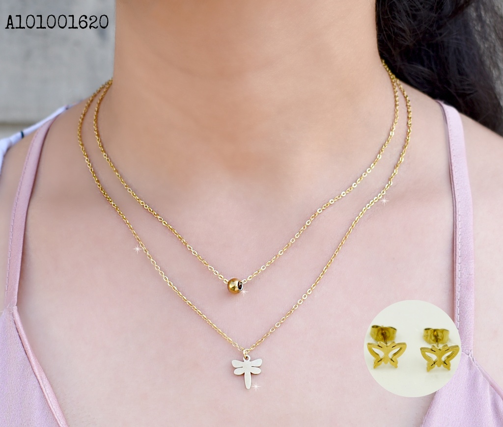 JUEGO DORADO ARETES PELOTITAS Y DIJE DE LIBÉLULA PEQUEÑA