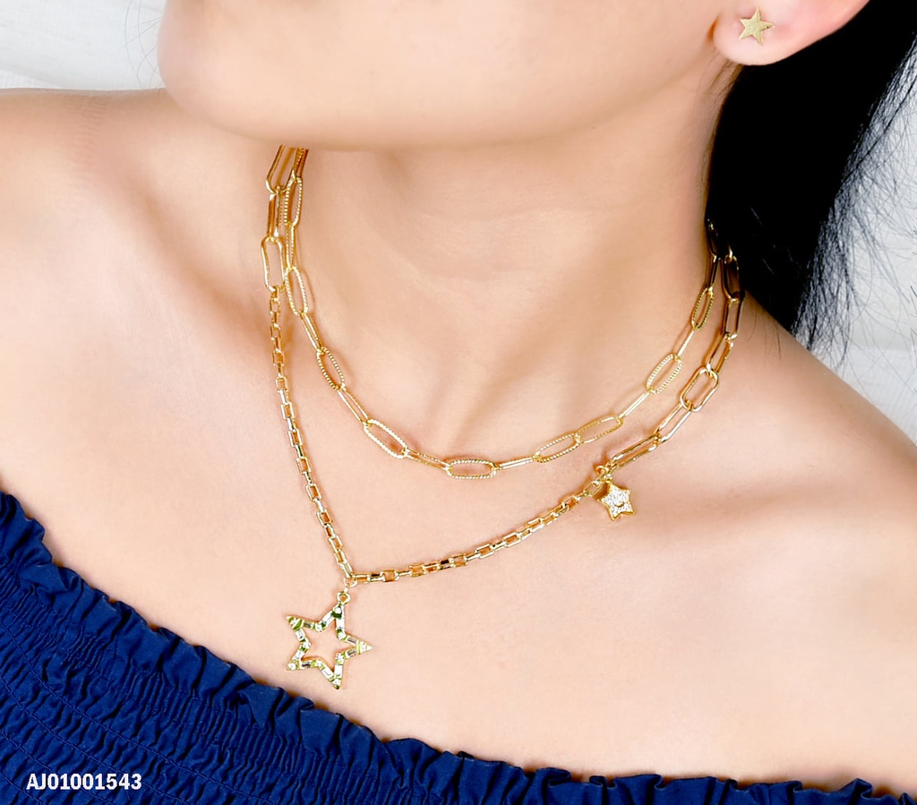 JUEGO DORADO CADENA DOBLE, DIJE CROQUI DE ESTRELLA CON CRISTALES