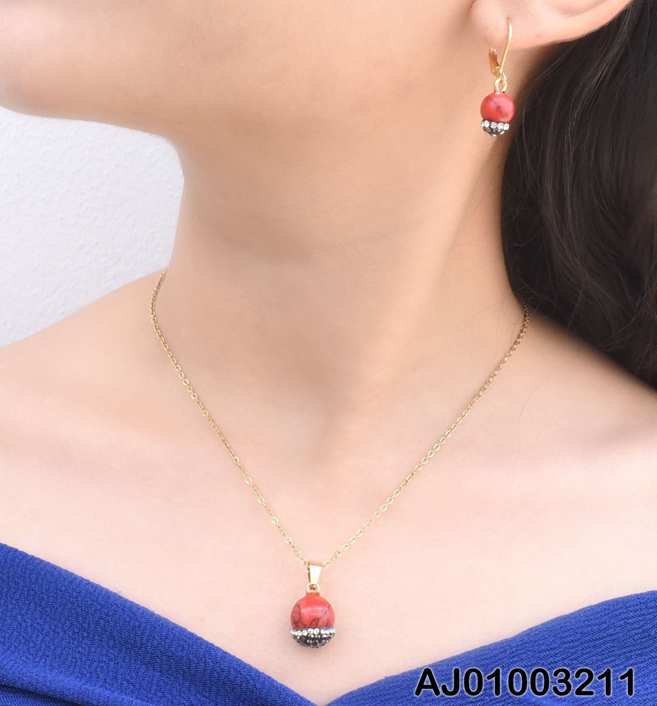 JUEGO ESFERAS ROJAS BASE ZIRCONIAS ARETES COLGAR