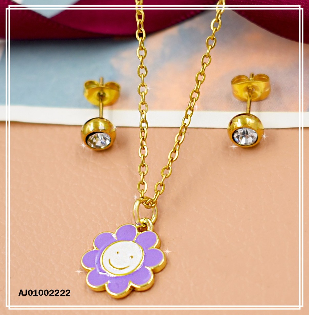 JUEGO FLOR PETÁLOS MORADOS ARETES ZIRCONIAS