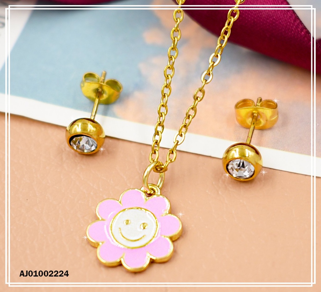 JUEGO FLOR PETÁLOS ROSADOS ARETES ZIRCONIAS