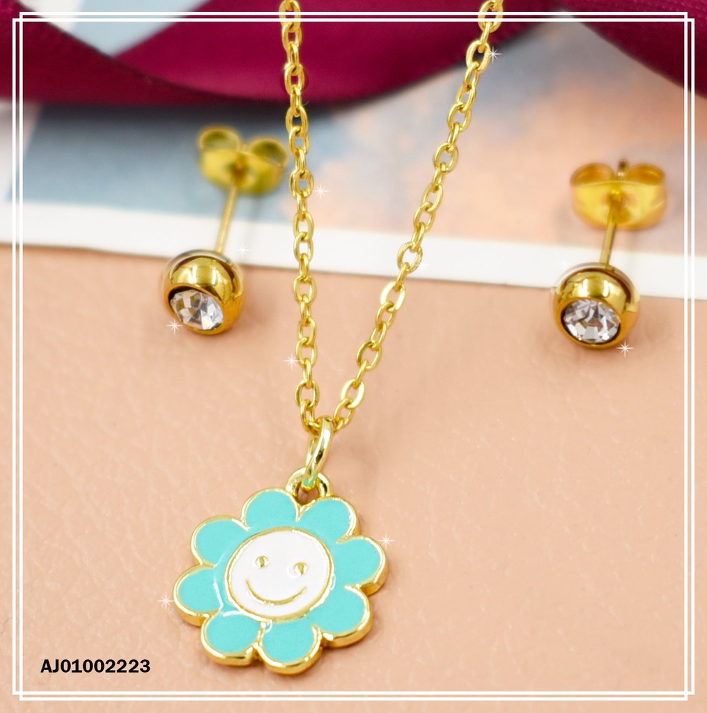 JUEGO FLOR PETÁLOS TURQUESA ARETES ZIRCONIAS