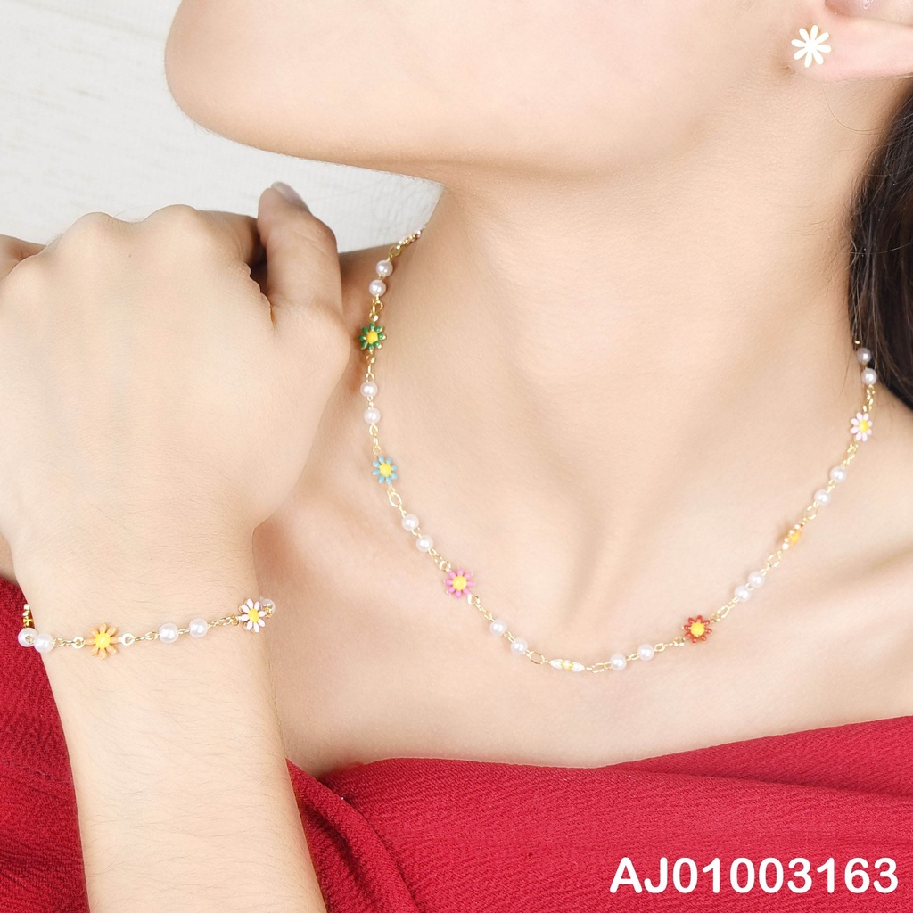JUEGO FLORES CADENA/PULSERA MARGARITAS Y PERLAS