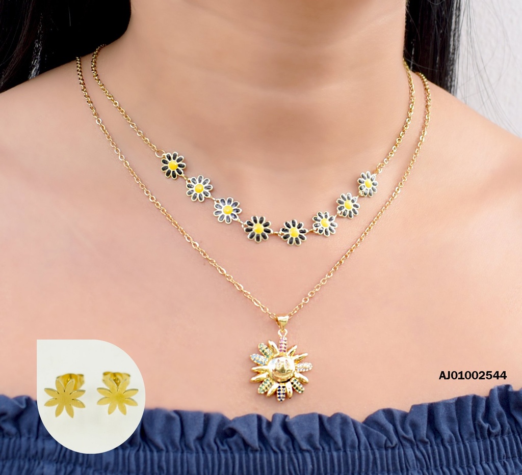 JUEGO FLORES DOBLE CADENA FLORES NEGRAS/FLOR DOR ZIRC