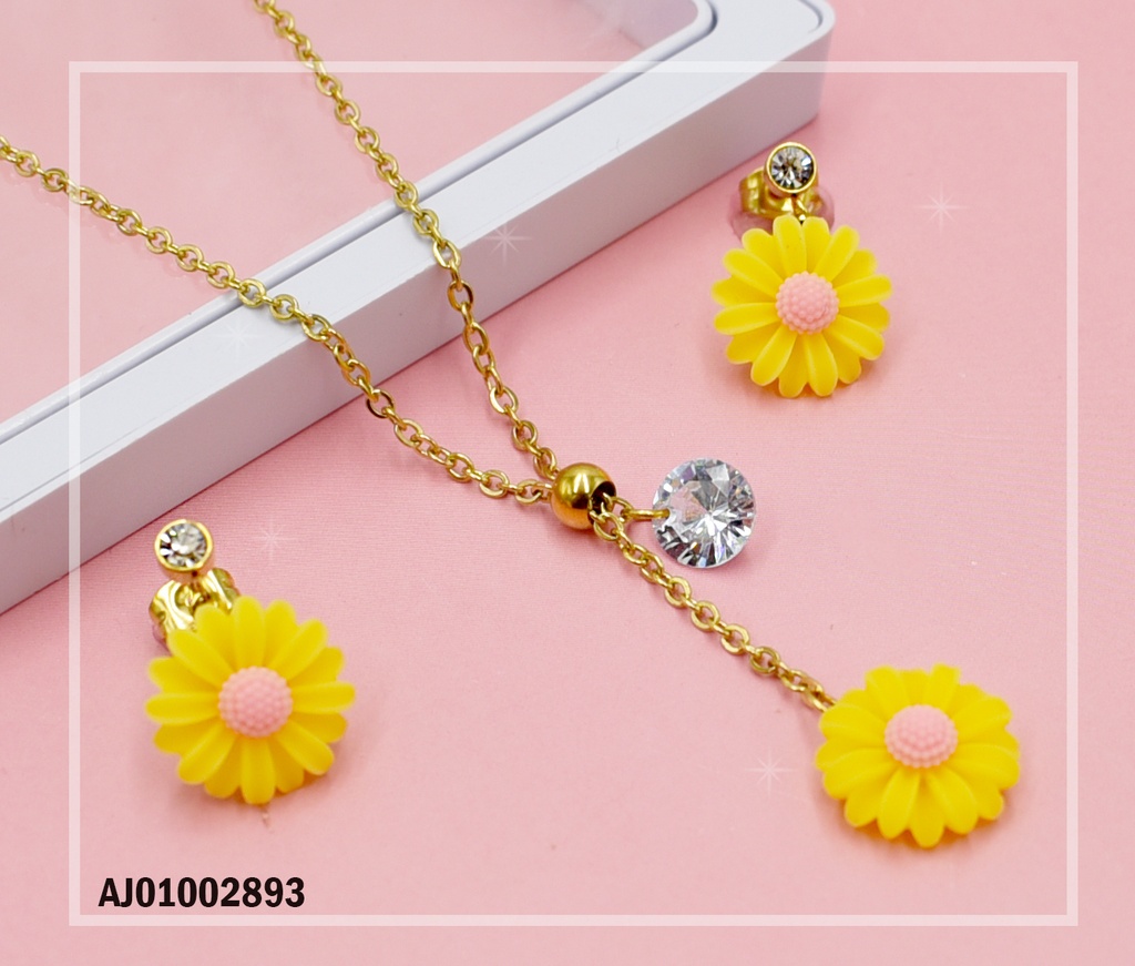 JUEGO GIRASOLES AMARILLOS CENTRO ROSA DIJE ZIRC/🌻