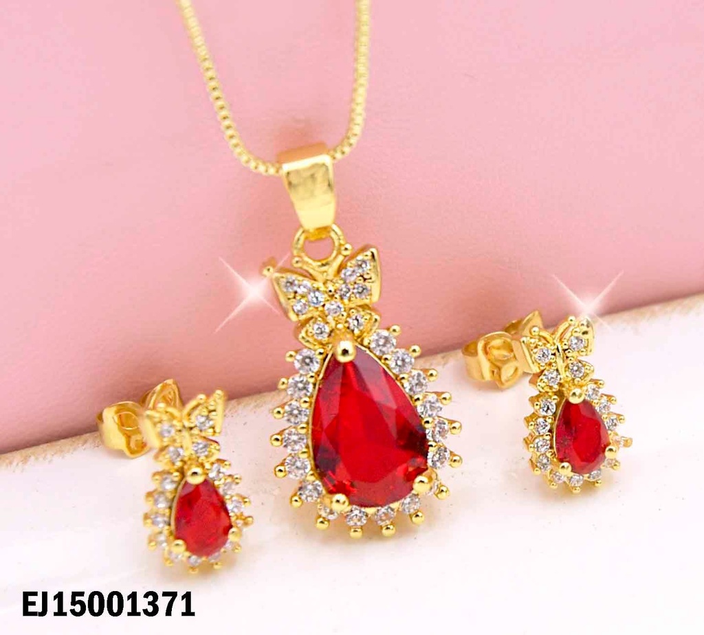 JUEGO GOTA ROJA ZIRCONIA LAZO DORADO RODEADA ZIRC PEQ.