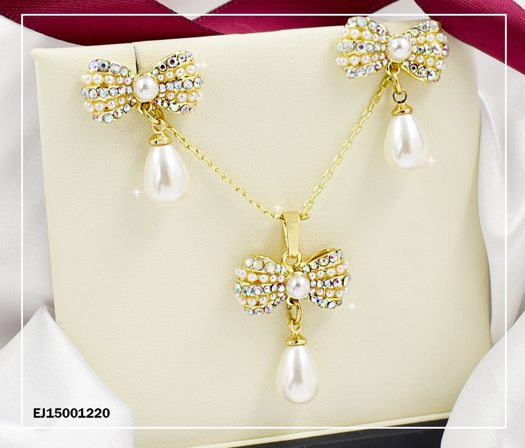 JUEGO LAZO PERLITAS/ZIRCONIAS CON GOTA BLANCA COLGANTE