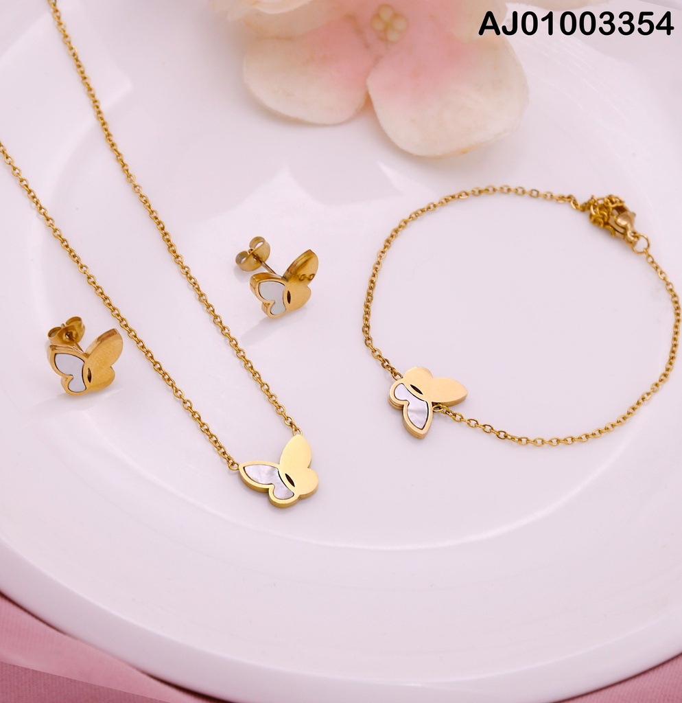 JUEGO MARIPOSA DORADA MITAD NÁCAR C/PULSERA