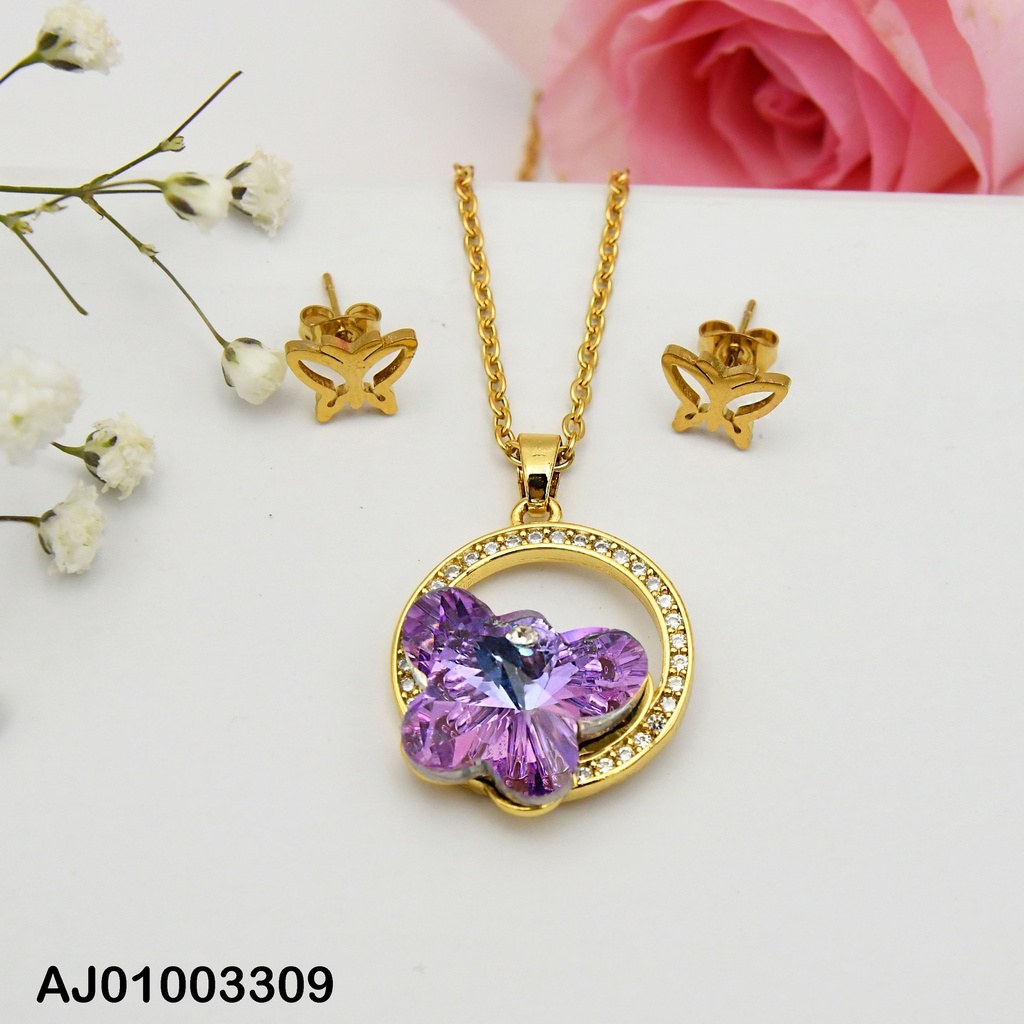 JUEGO MARIPOSAS ARETES CROQUI,DIJE:CÍRCULO ZIRC.LILA