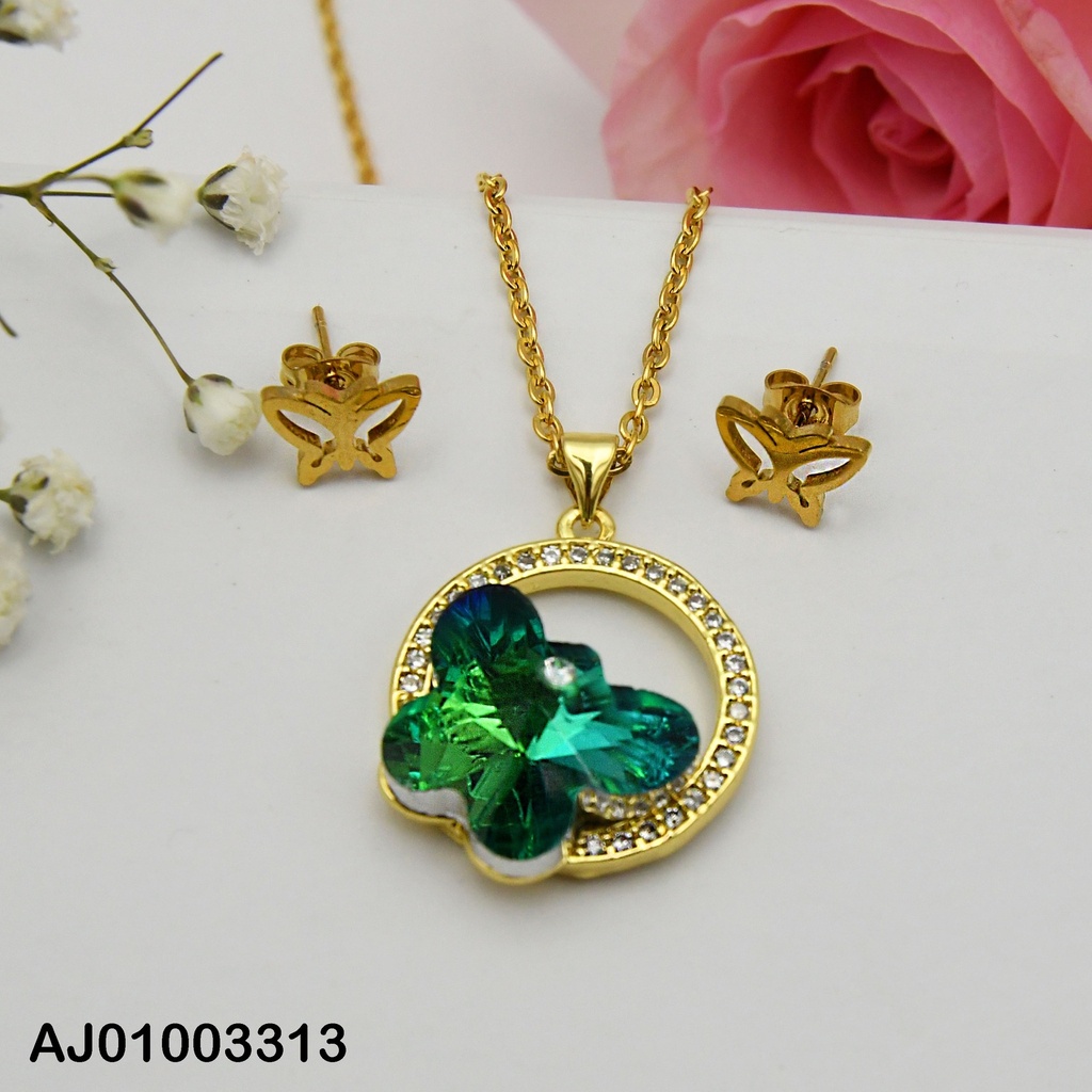JUEGO MARIPOSAS ARETES CROQUI,DIJE:CÍRCULO ZIRC.VERDE