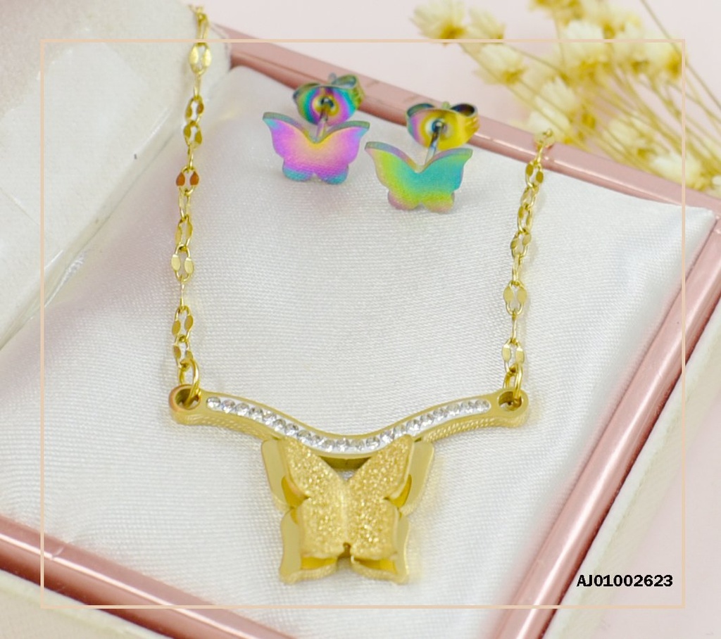 JUEGO MARIPOSAS ARETES TORNASOL DIJE C/ BARRITA ZIRCONIAS