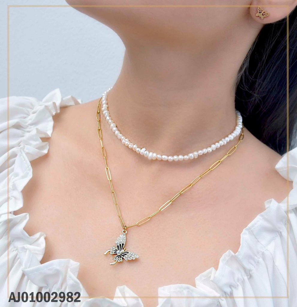 JUEGO MARIPOSAS DETALLES DOBLE CAD,PERLAS CULT.DIJE🦋DOR/NEGRO/PERLITA