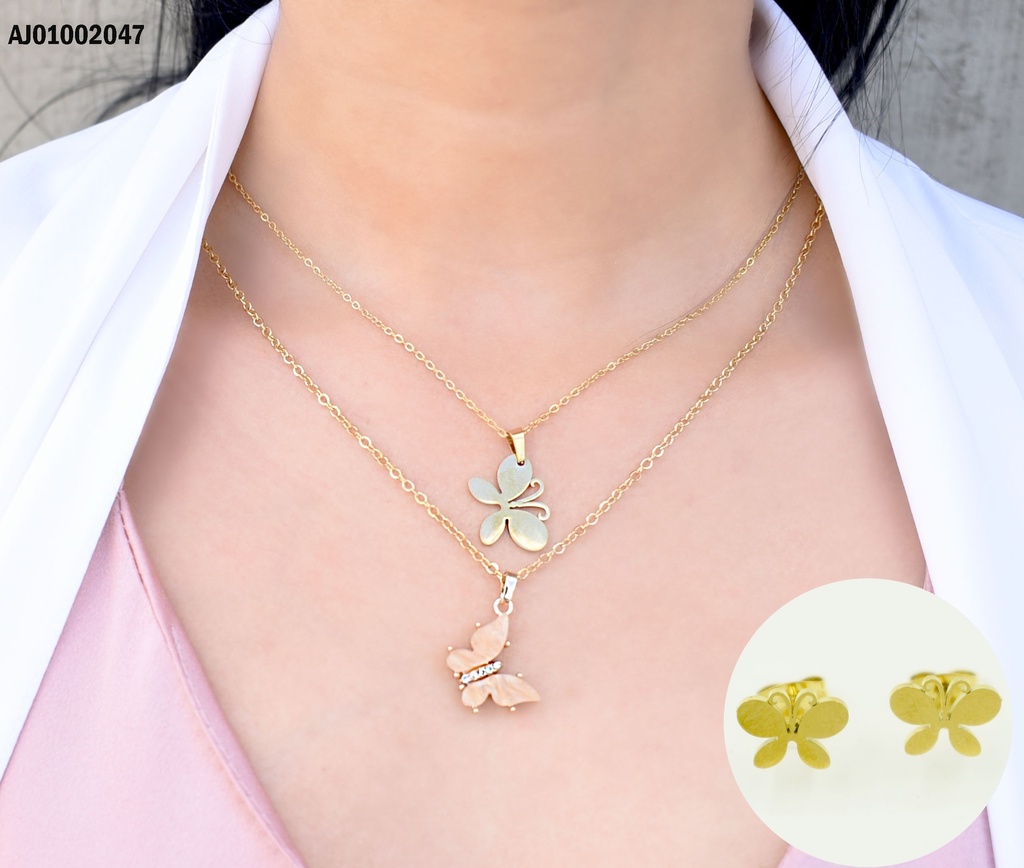 JUEGO MARIPOSAS DOBLE CADENA,2 DIJES PLACA/BEIGE