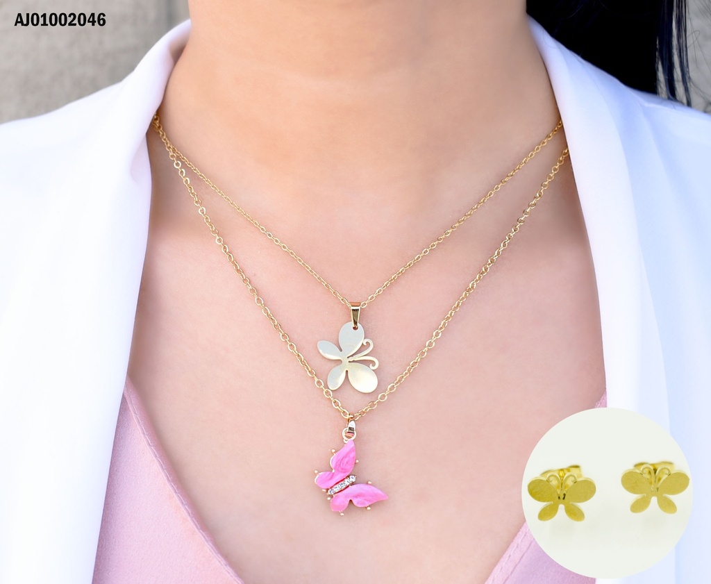 JUEGO MARIPOSAS DOBLE CADENA,2 DIJES PLACA/FUCSIA