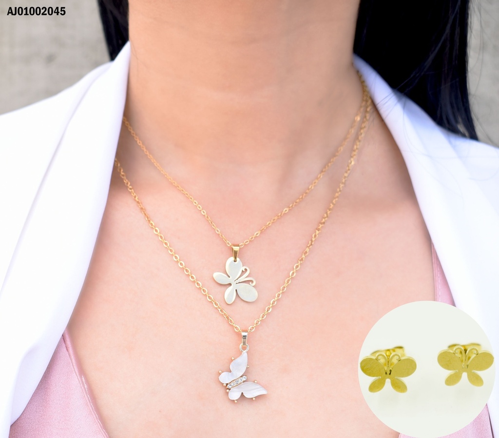 JUEGO MARIPOSAS DOBLE CADENA,2 DIJES PLACA/GRIS
