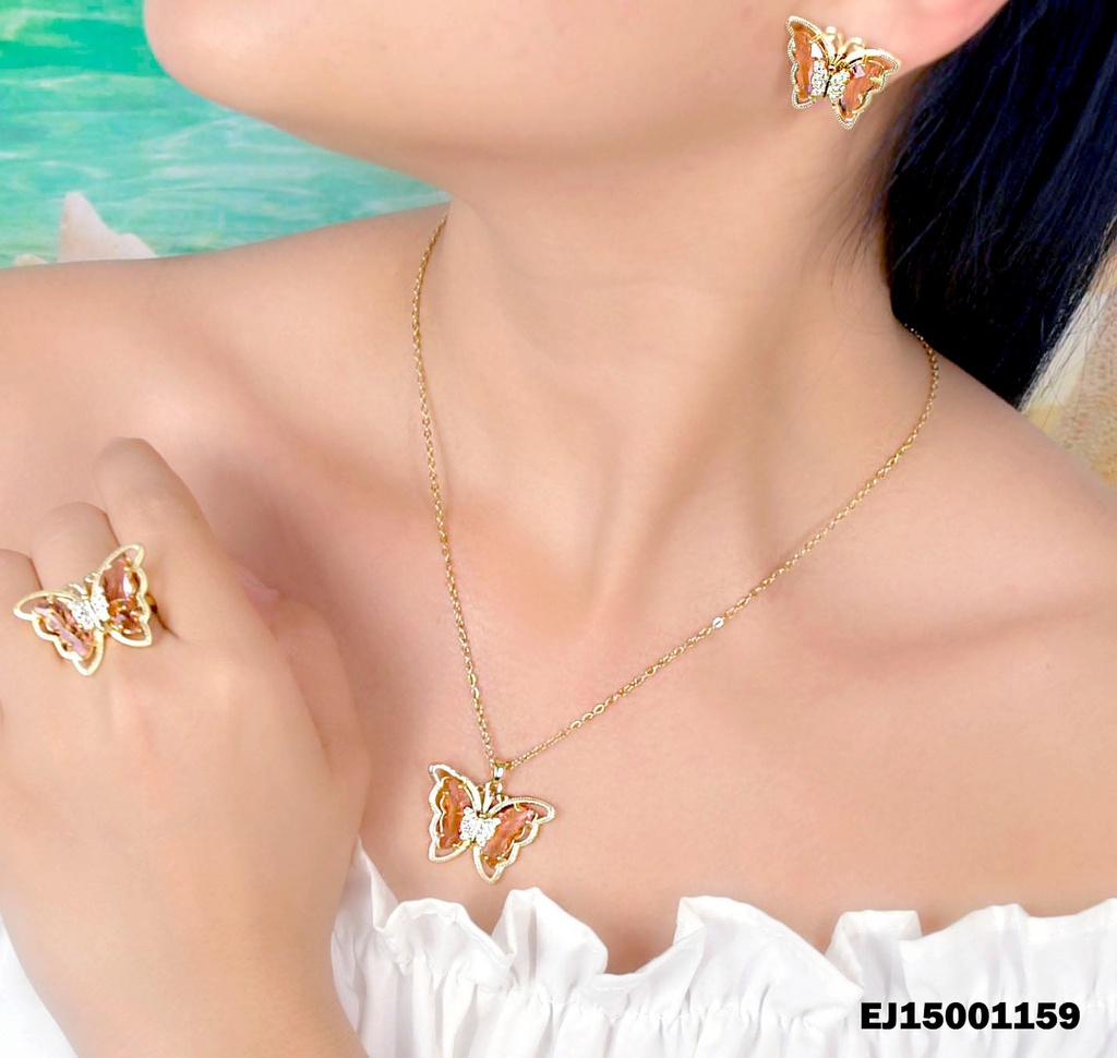 JUEGO MARIPOSAS ROSADAS Y ZIRCONIAS C/ANILLO