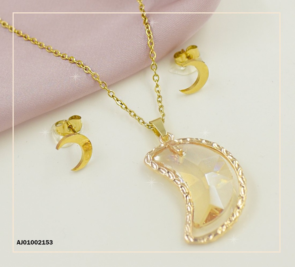 JUEGO MEDIA LUNA DIJE CRISTAL BEIGE BORDE DORADO