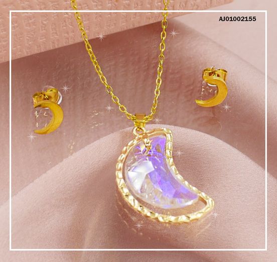 JUEGO MEDIA LUNA DIJE CRISTAL TORNASOL BORDE DORADO