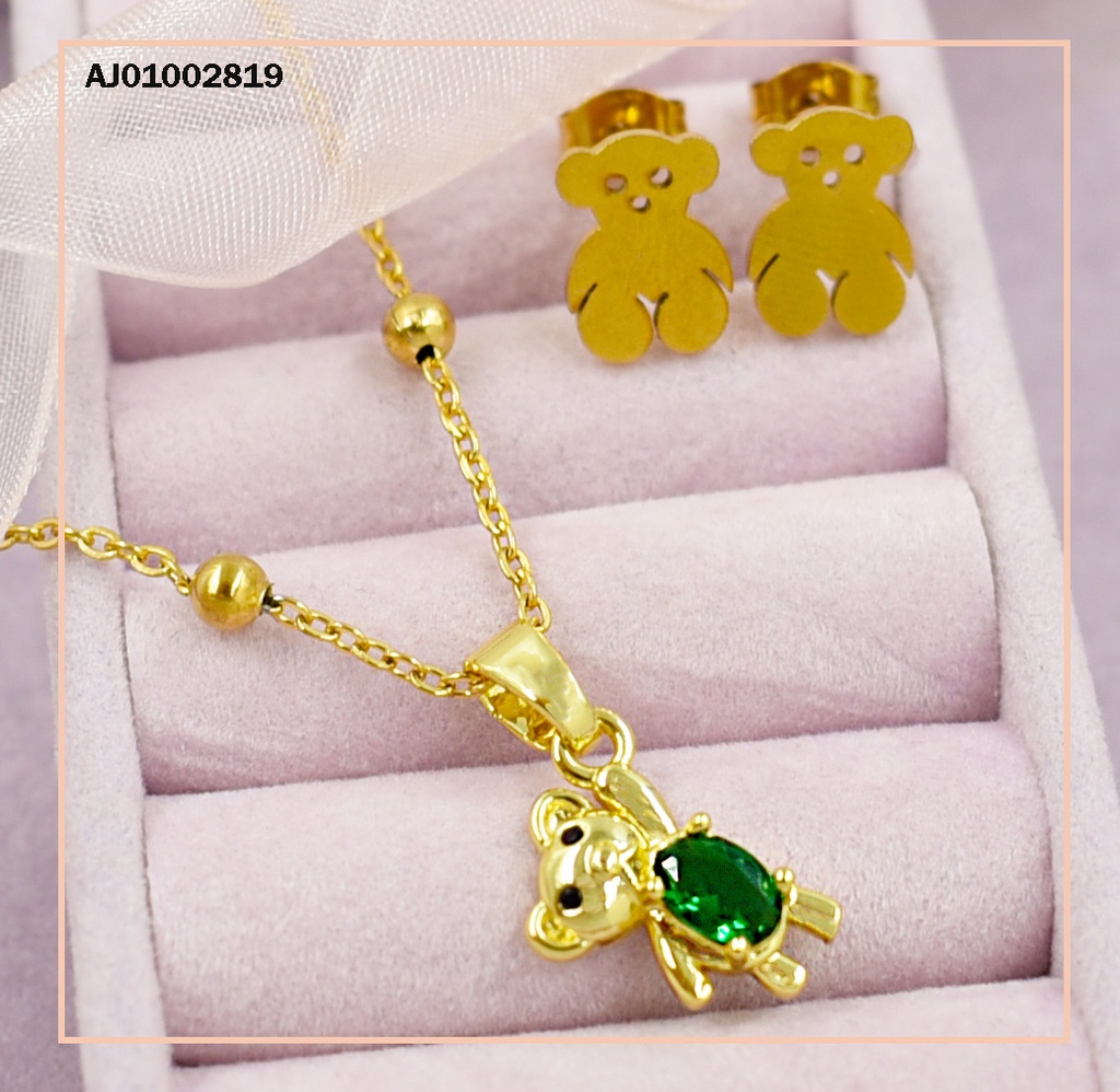 JUEGO OSOS DETALLES MINI DIJE PANZITA ZIRC. OVALADA VERDE
