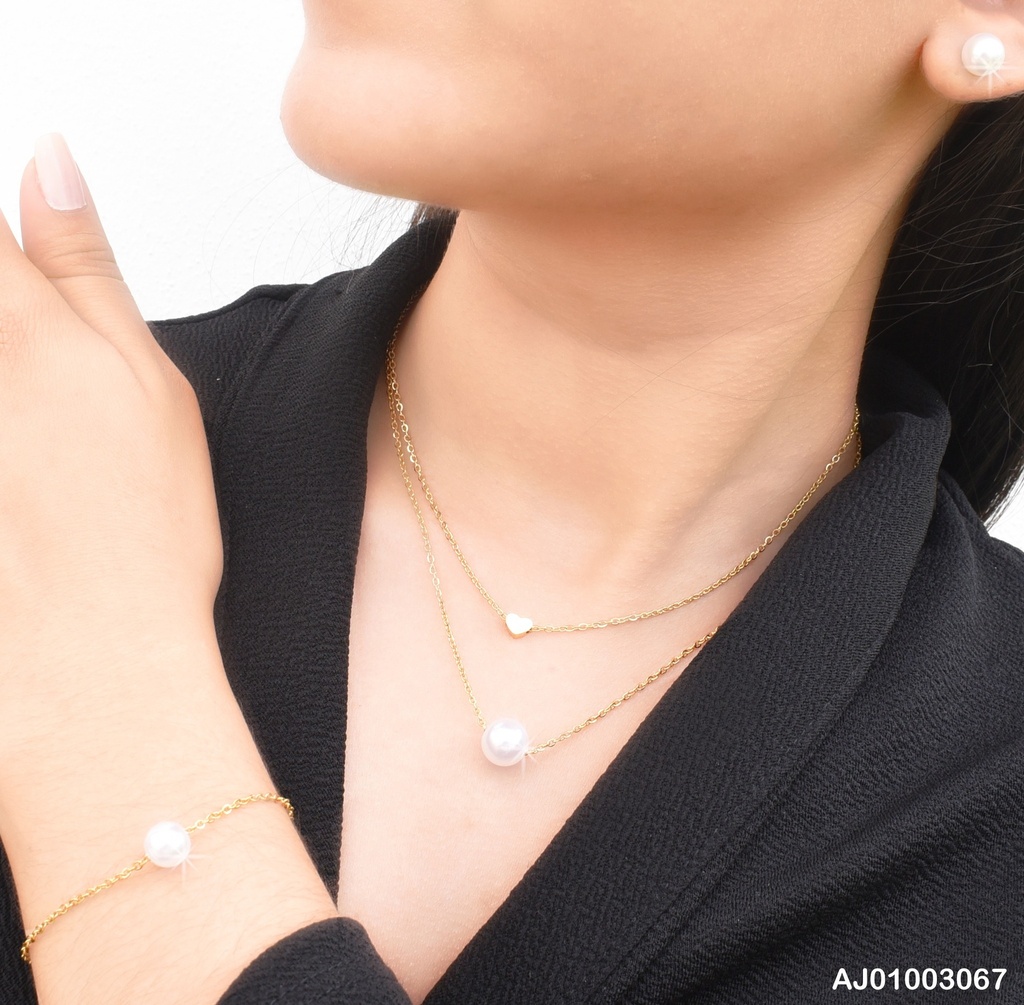 JUEGO PERLA DOBLE CADENA DIJES:CORAZÓN DOR/PERLA C/PULSERA