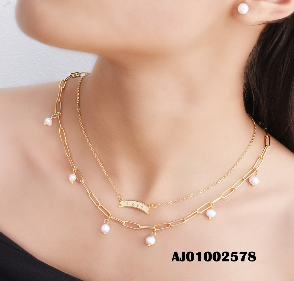 JUEGO PERLAS DOBLE CADENA PERLAS COLGANTES/PLACA "LOVE"