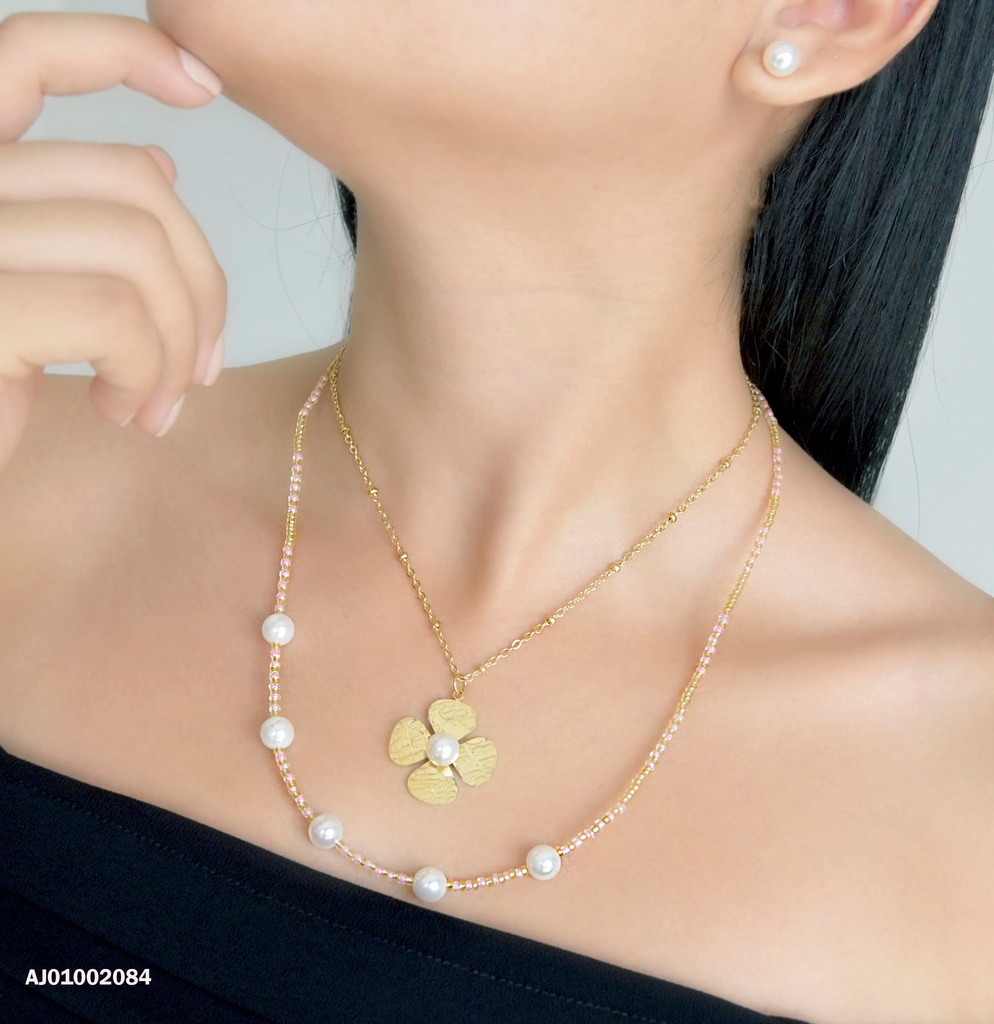 JUEGO PERLAS, CADENA/COLLAR ROSA DIJE FLOR 4 PETÁLOS