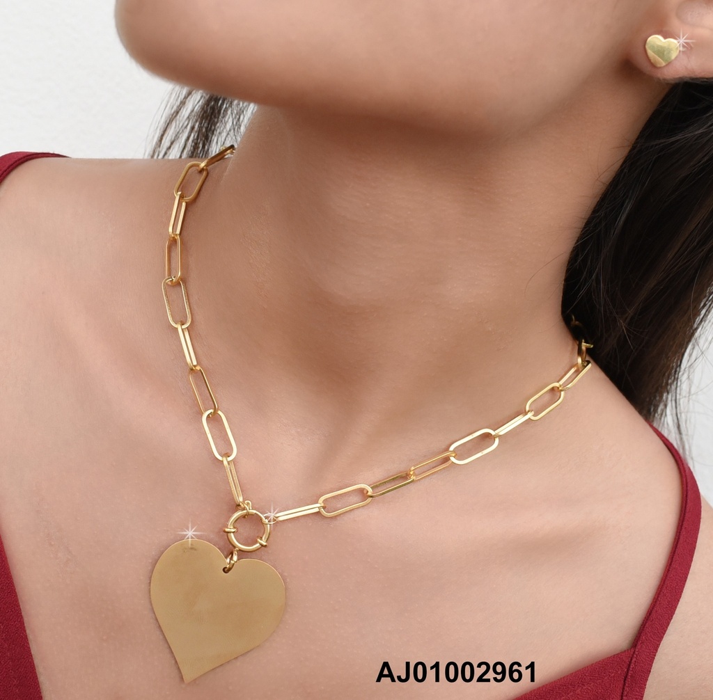 JUEGO PLACAS CORAZONES, CADENA ANCHA DIJE GRANDE