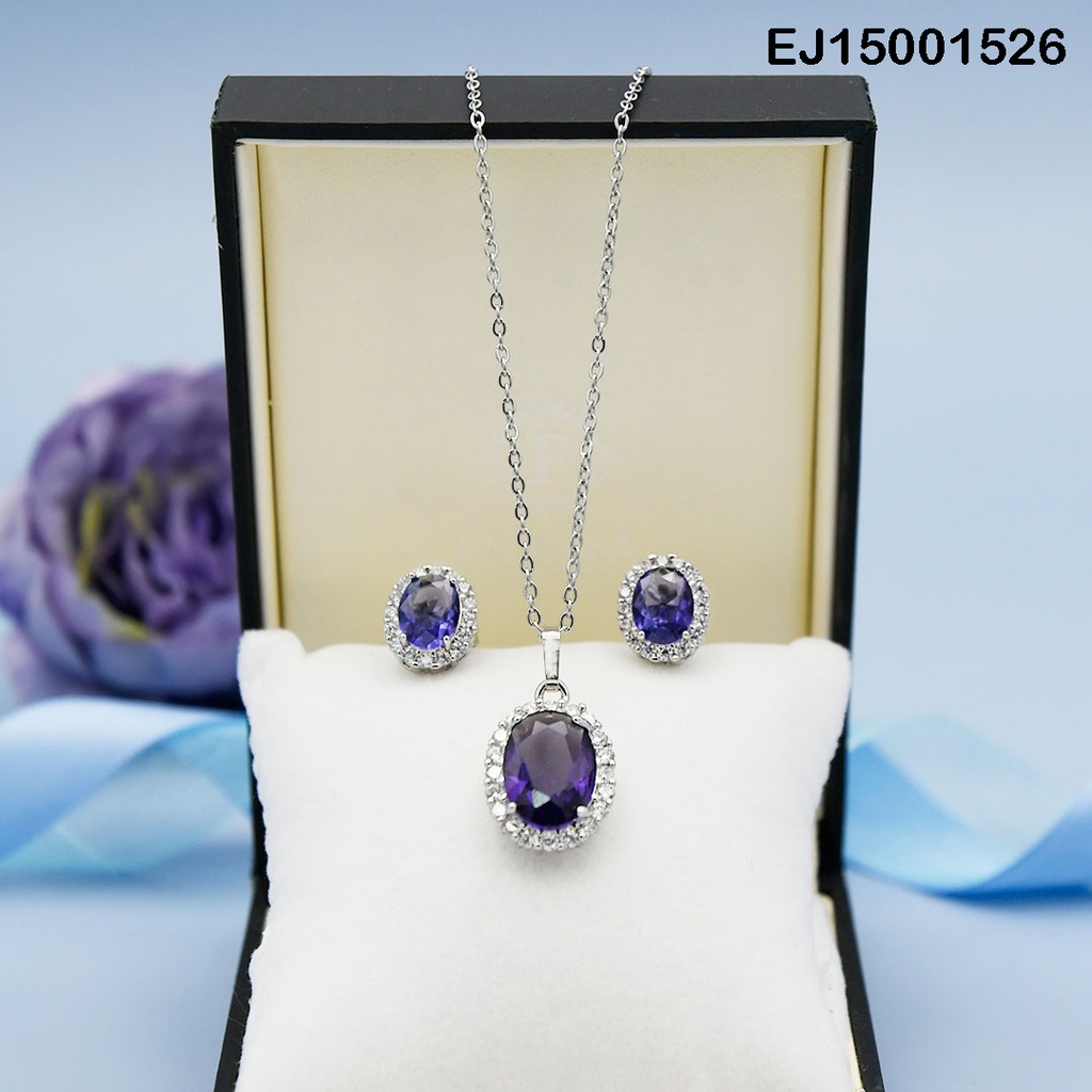 JUEGO PLATEADO ÓVALO MORADO VERTICAL BORDES ZIRCONIAS