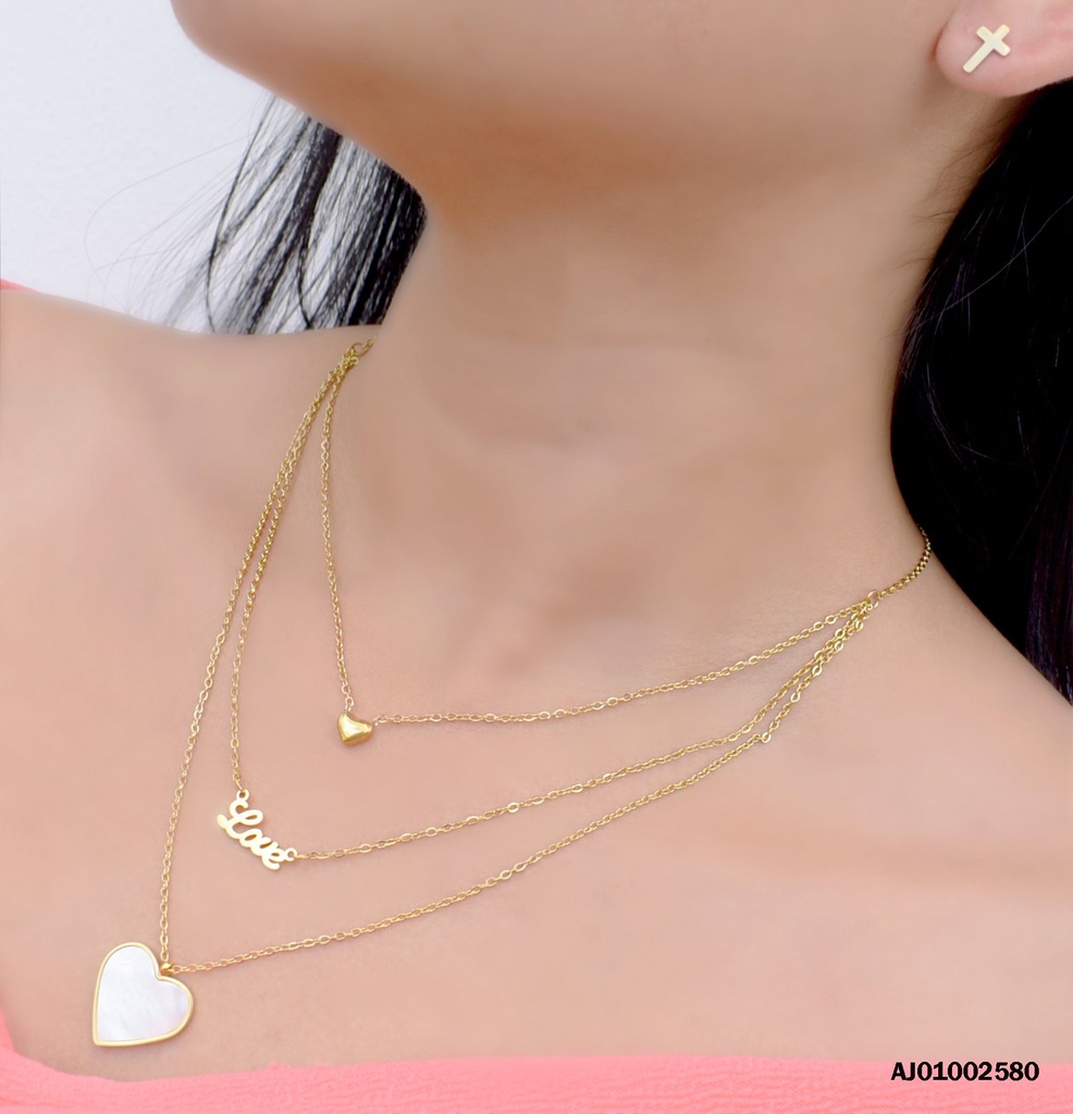 JUEGO TRIPLE CADENA ARETES CRUCES  DIJES:♥/LOVE/🤍