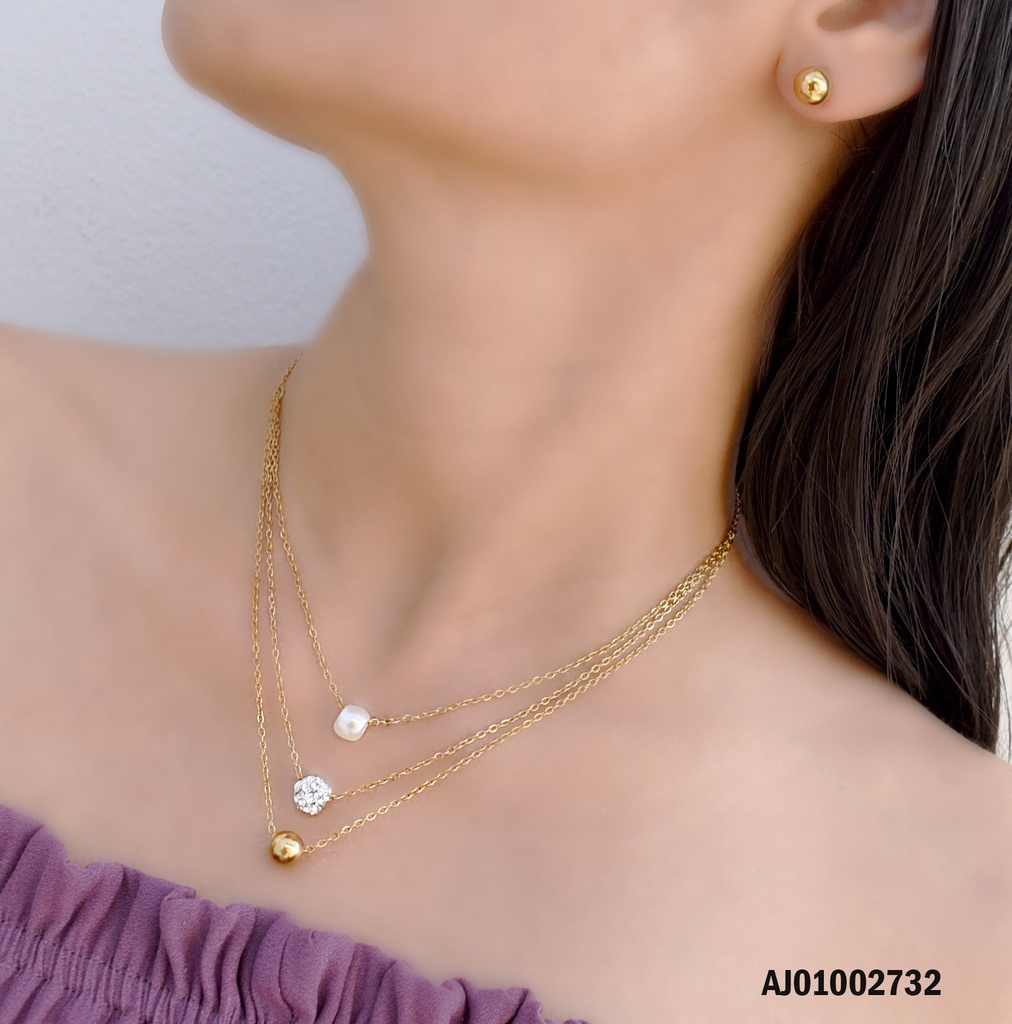 JUEGO TRIPLE CADENA ARETES PELOTITAS, DIJES RUEDAS:BLANCA/BOLA F/DORADA