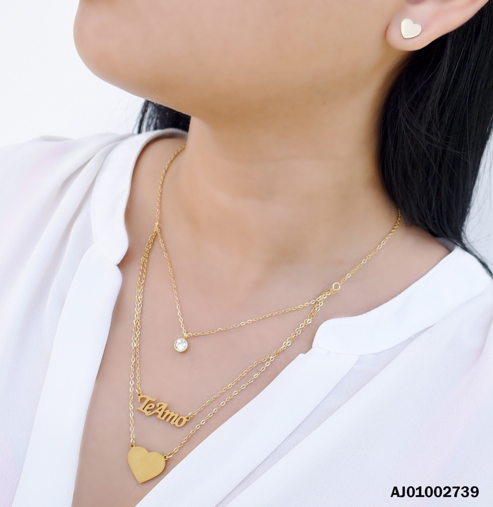 JUEGO TRIPLE CADENA ARETES ♥,DIJES PELOTITAS/"TE AMO"/CORAZÓN
