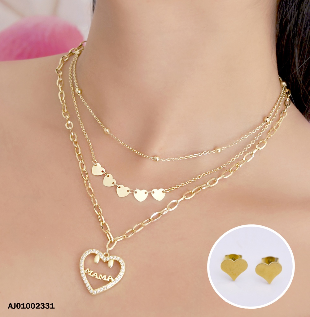 JUEGO TRIPLE CADENA PLACAS CORAZÓN DIJE CROQUI 🤍 "MAMA"