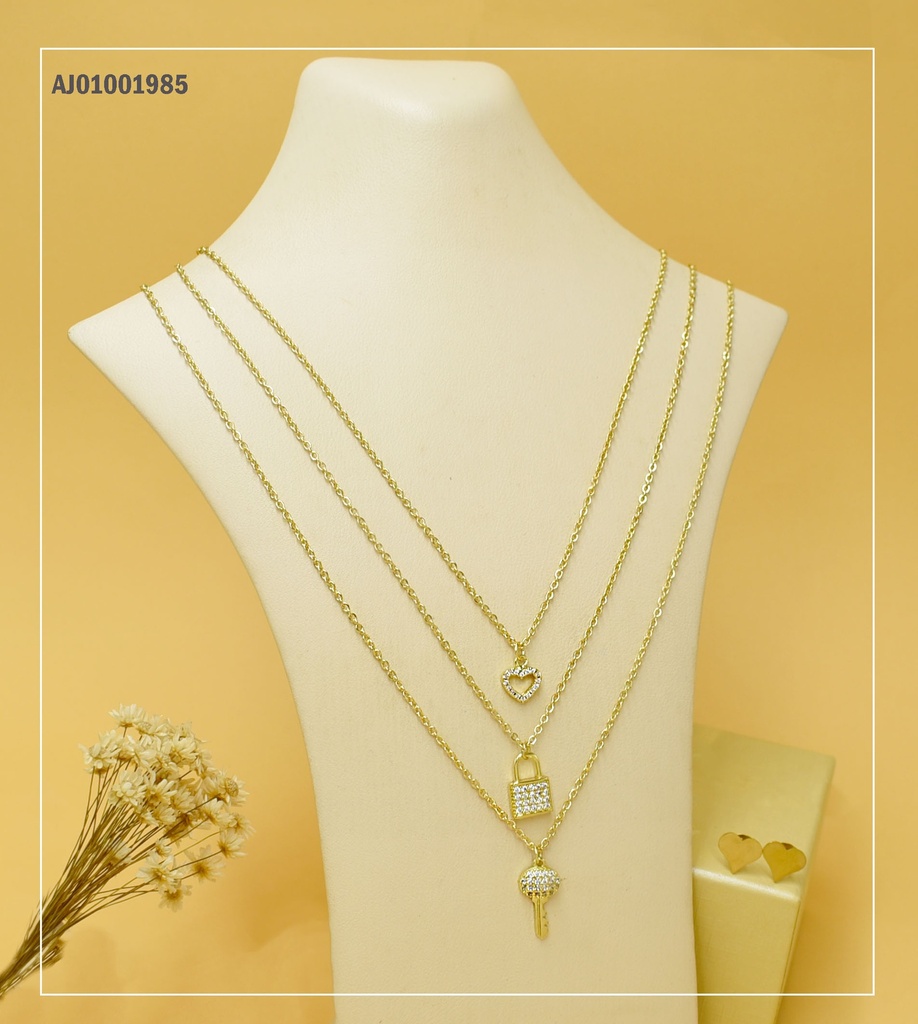 JUEGO TRIPLE CADENA ♥/CANDADO,LLAVE ZIRCONIAS