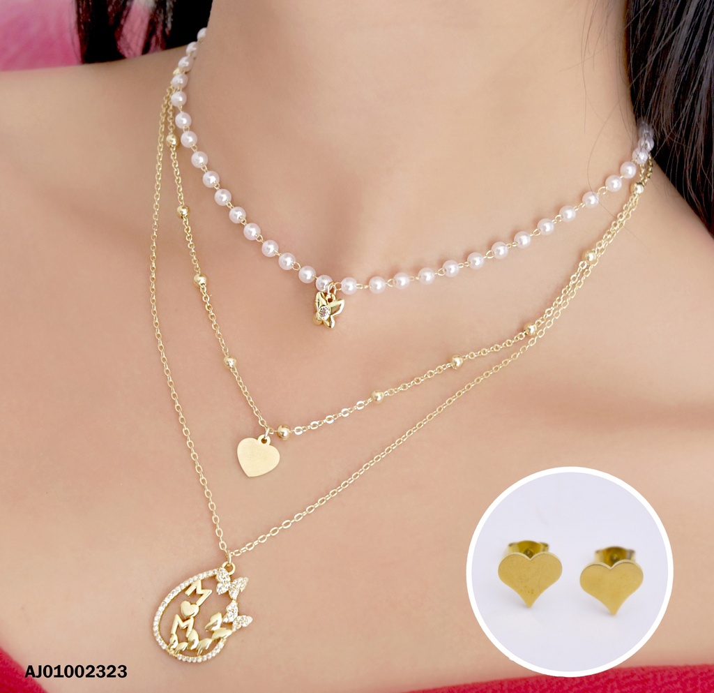 JUEGO TRIPLE CADENA ♥/PERLITAS/DIJE "MOM" MARIPOSAS