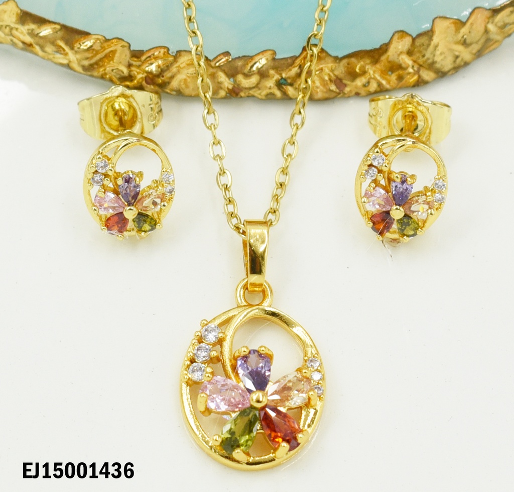 JUEGO ÓVALO DORADO FLOR PETÁLOS COLORES, 3 ZIRC LADO