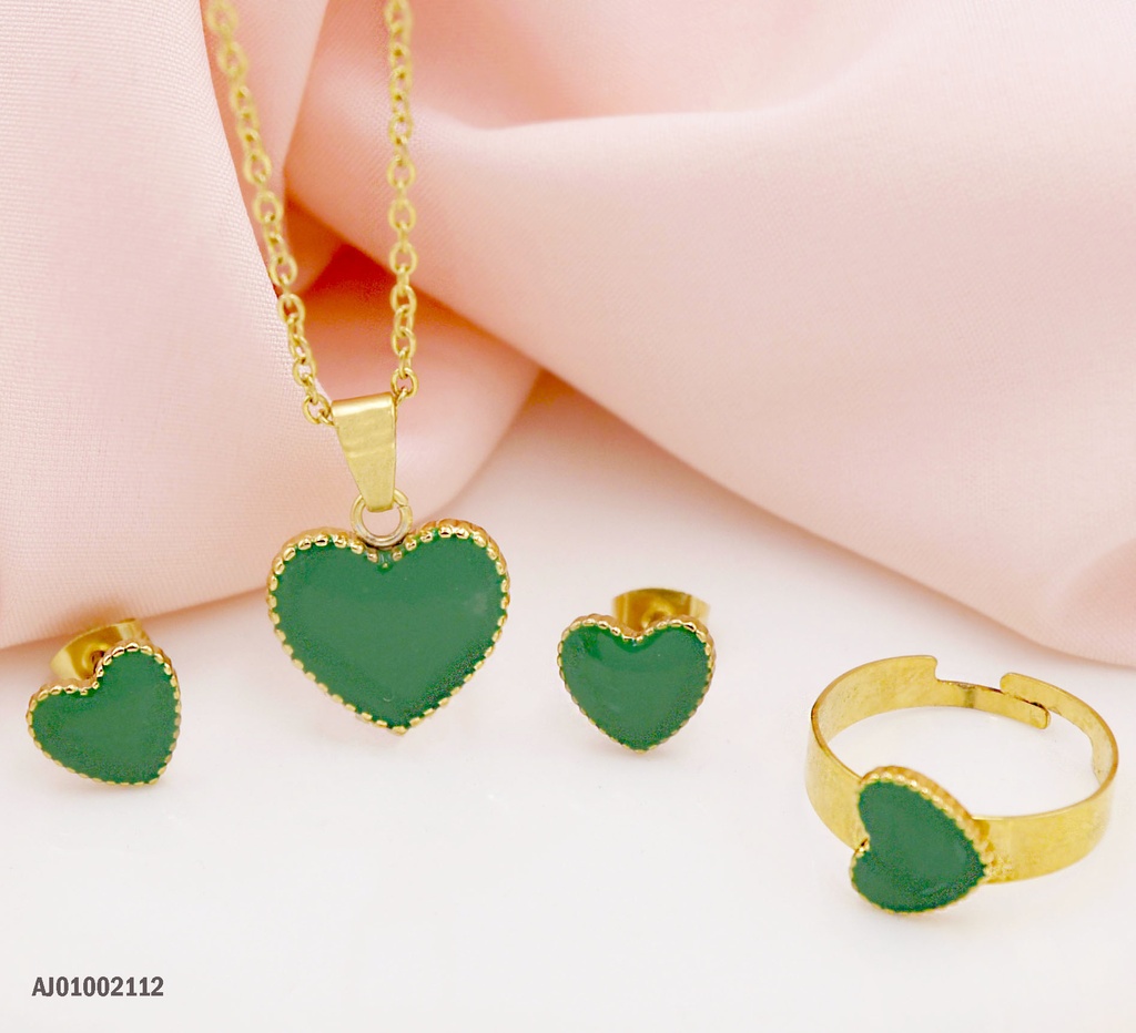 JUEGO ♥ VERDE BORDE DORADO C/ANILLO AJUSTABLE