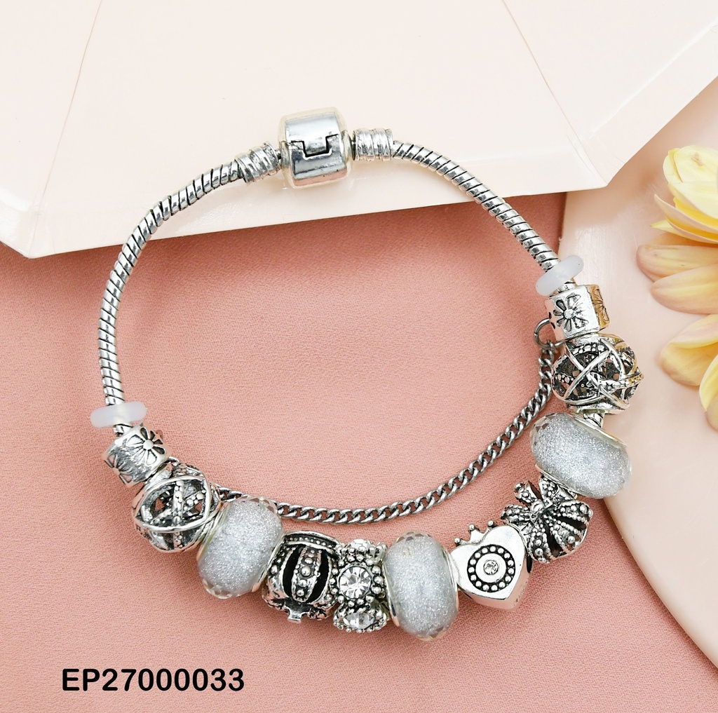 PANDORA PLATEADA FLORES/CORAZONES CRISTALES GRIS