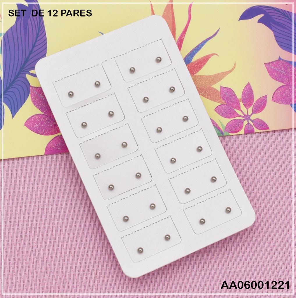 PAQUETE 12 PARES ARETES ESFERAS PLATEADAS 3MM
